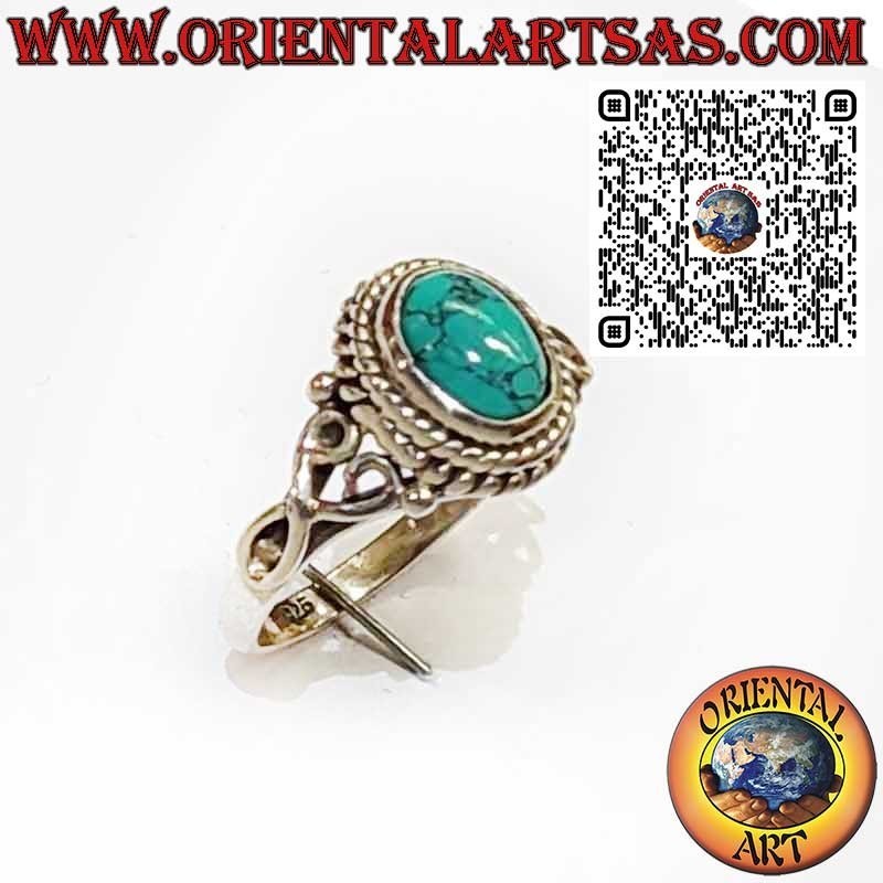 Anillo de Plata 925 con Turquesa Ovalada y 2 Trenzas Decorativas