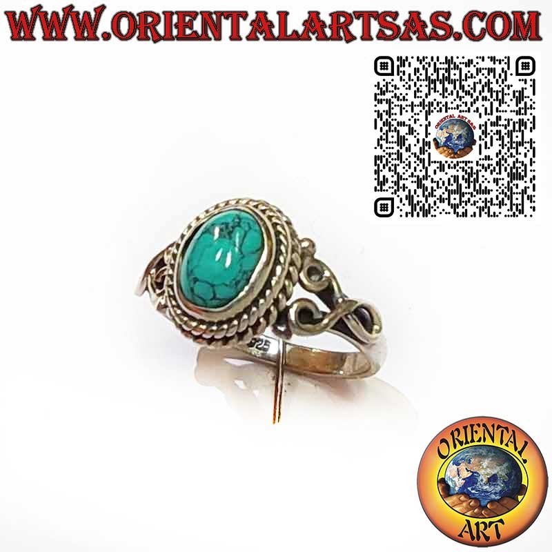 Anillo de Plata 925 con Turquesa Ovalada y 2 Trenzas Decorativas