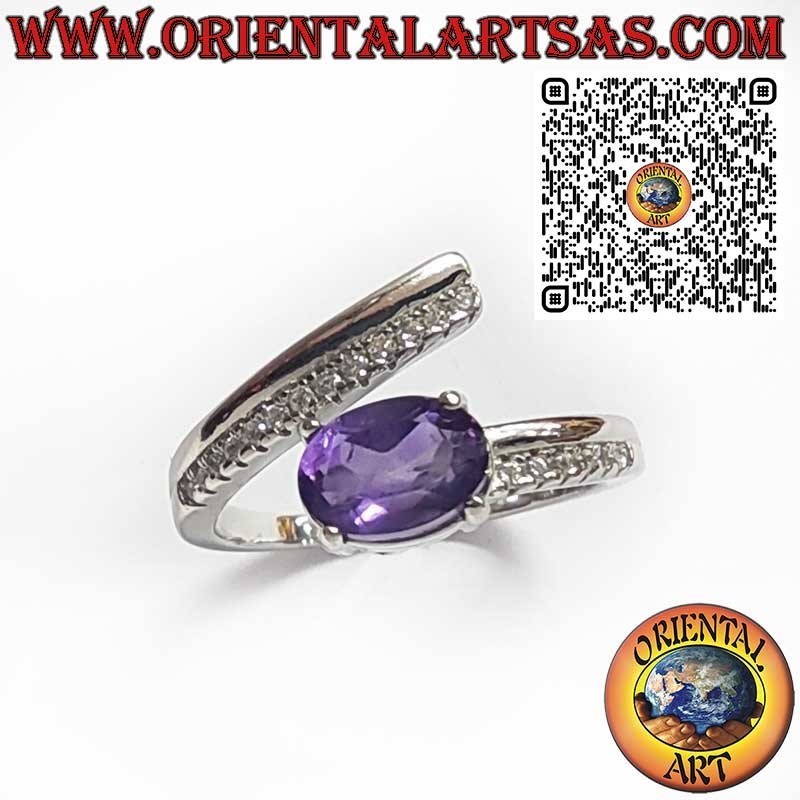Anello in Argento 925 Avvolgente con Ametista Naturale Ovale e Zirconi