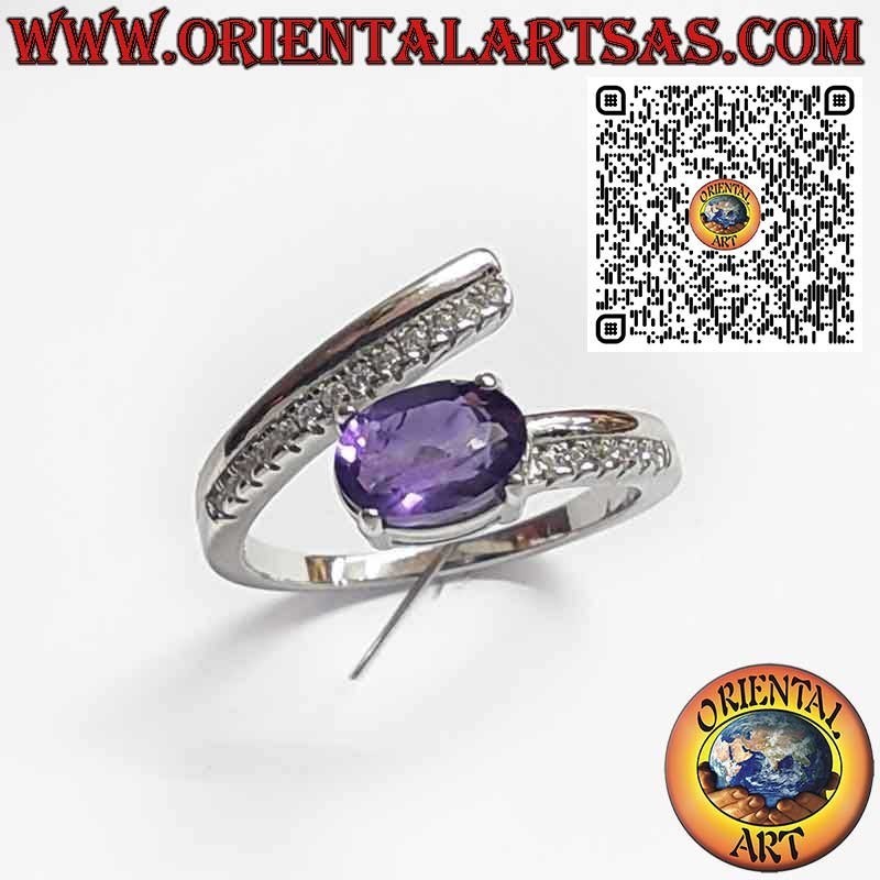 925er Silber Wickelring mit natürlichem ovalem Amethyst und Zirkonia