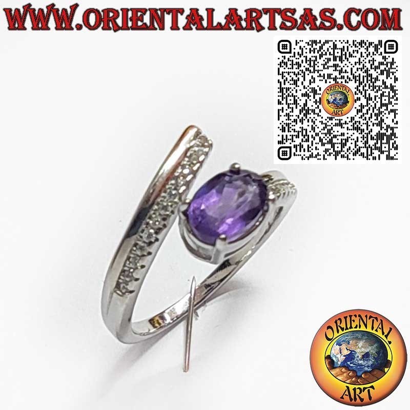Bague en Argent 925 Enveloppante avec Améthyste Naturelle Ovale et Zircons