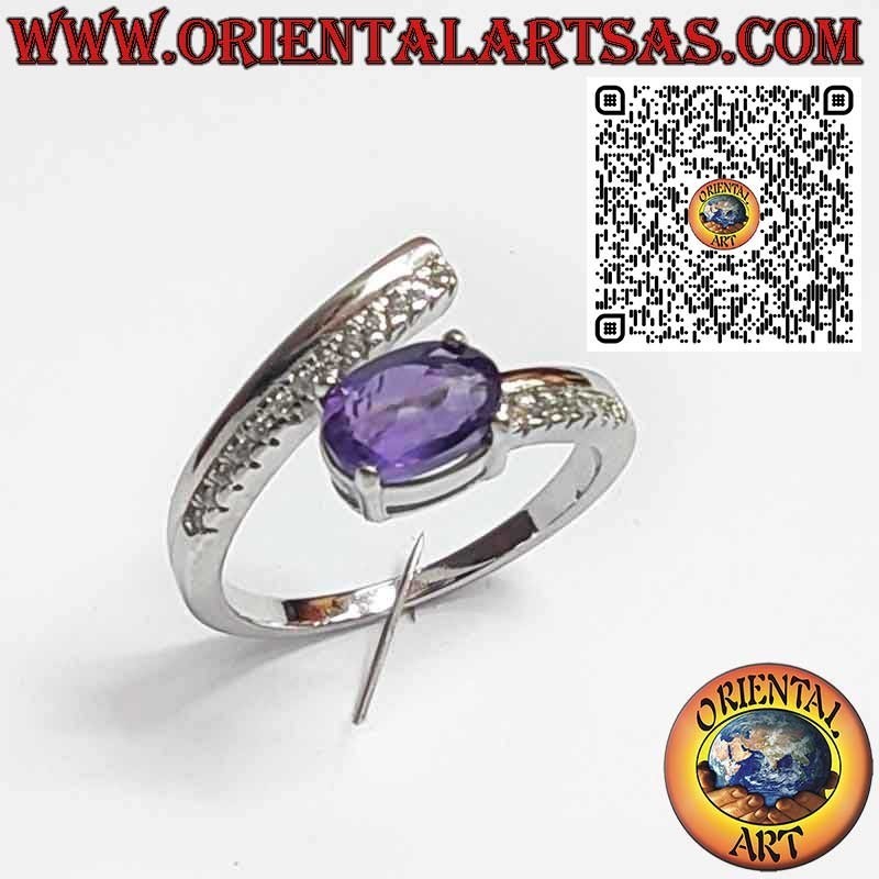 925 Sterling Silver Wrap Ring with Natural Oval Amethyst and Zircons