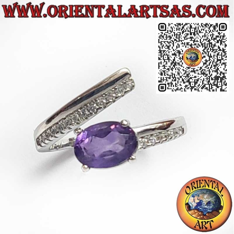 925 Sterling Silver Wrap Ring with Natural Oval Amethyst and Zircons
