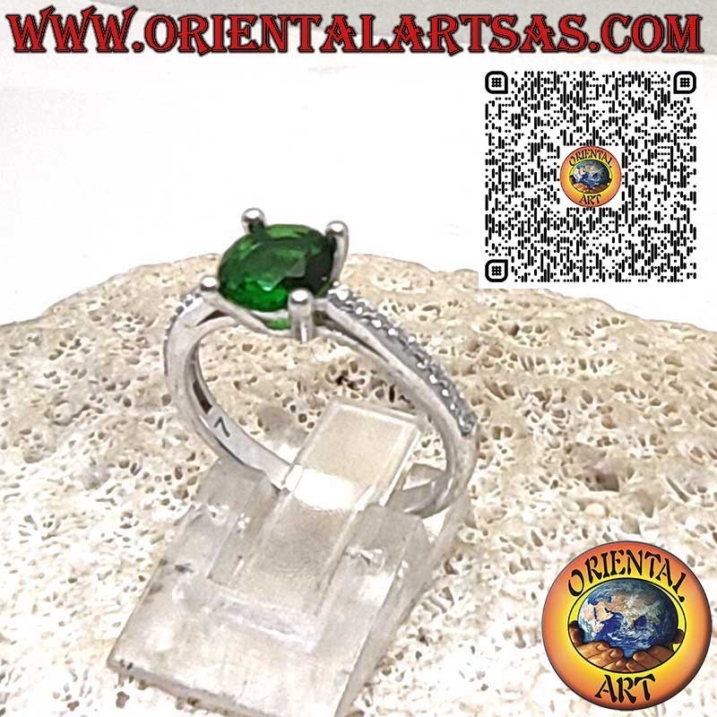 925 Sterling Silver Ring with Lab-Created Round Emerald Solitaire and Side Zircons