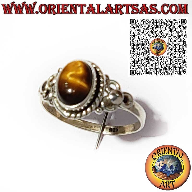 Anello in Argento 925 con Occhio di Tigre Ovale, Treccia e Decori Laterali a Tre Cerchi