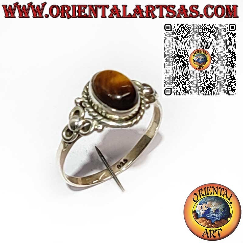 Bague en Argent 925 avec Œil de Tigre Ovale, Tresse et Décor Latéral à Trois Cercles
