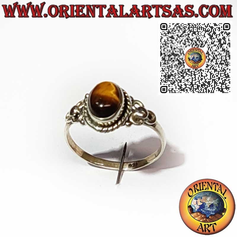 925 Sterling Silver Ring with Oval Tiger’s Eye, Braided Frame and Side Triple Circle Design