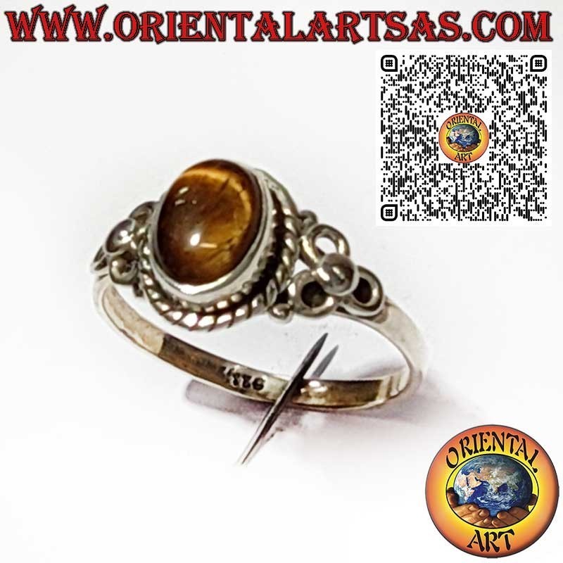 Bague en Argent 925 avec Œil de Tigre Ovale, Tresse et Décor Latéral à Trois Cercles