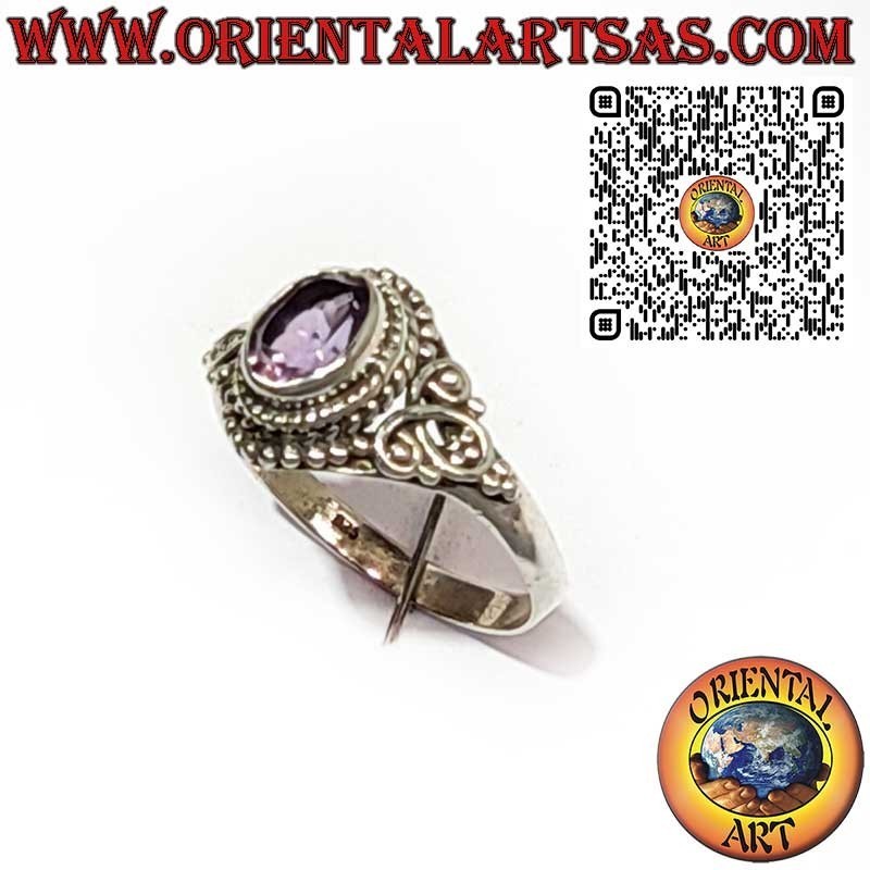 Silver Ring with Natural Amethyst and Balinese Decorations