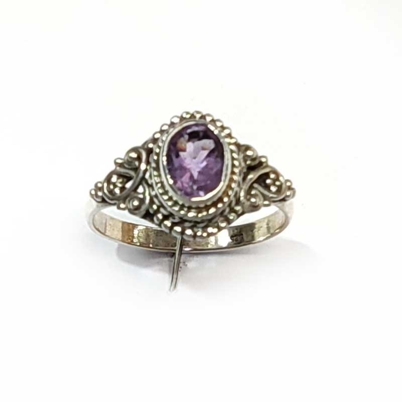 Silver Ring with Natural Amethyst and Balinese Decorations