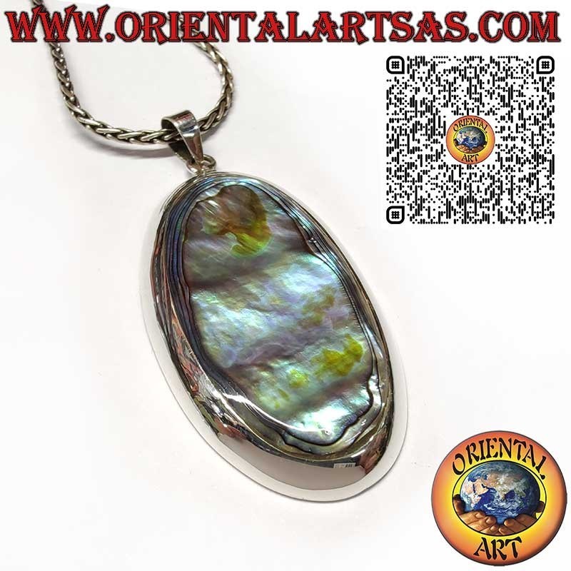 Ciondolo in Argento 925 con Paua Shell (Abalone) Ovale Grande a Bordo Liscio