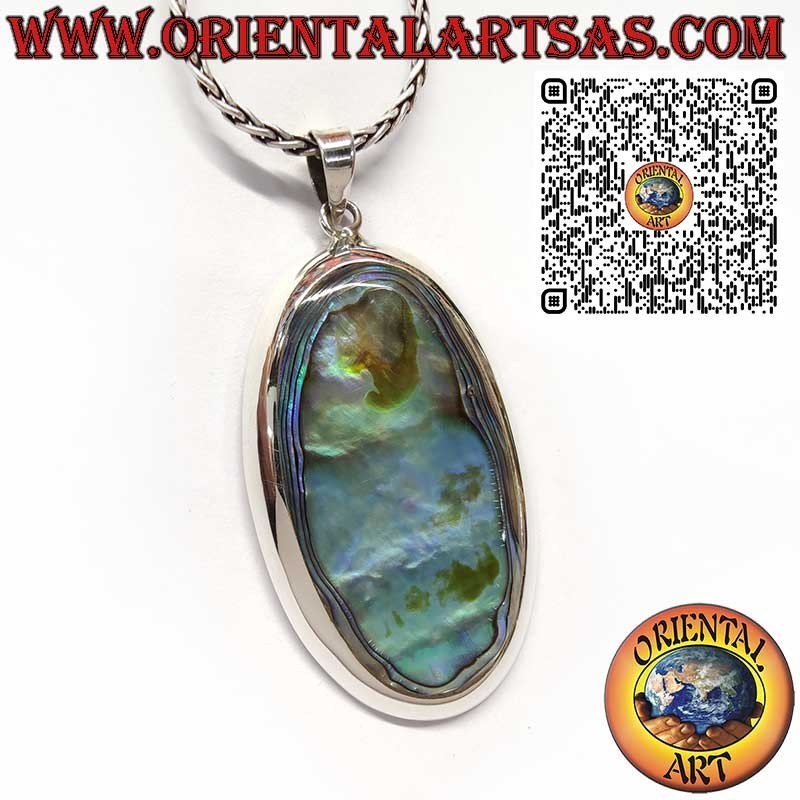 Ciondolo in Argento 925 con Paua Shell (Abalone) Ovale Grande a Bordo Liscio