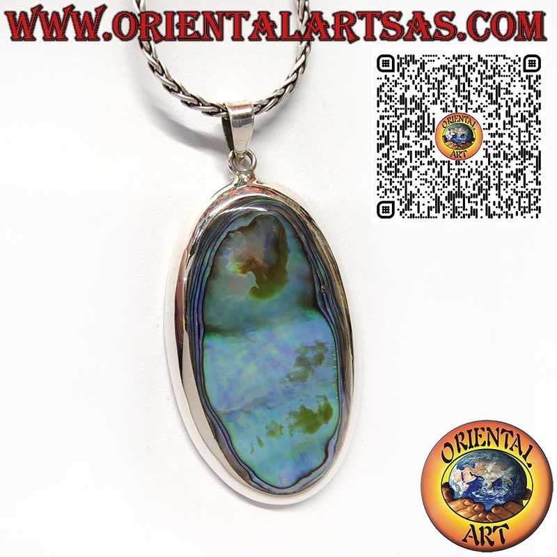 Pendentif en Argent 925 avec Grande Abalone Paua Shell Ovale Bord Lisse