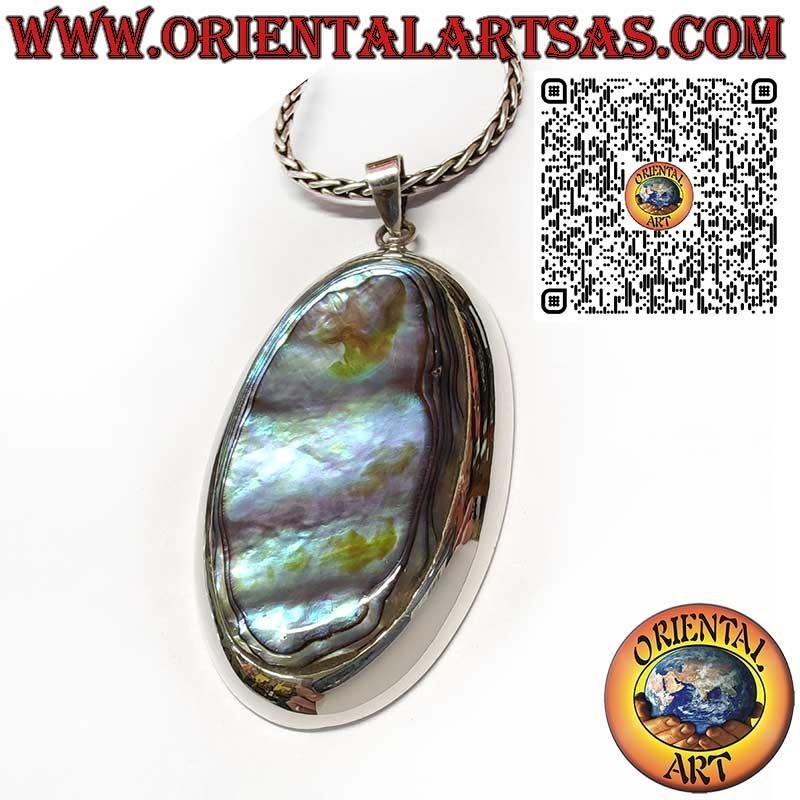 Ciondolo in Argento 925 con Paua Shell (Abalone) Ovale Grande a Bordo Liscio