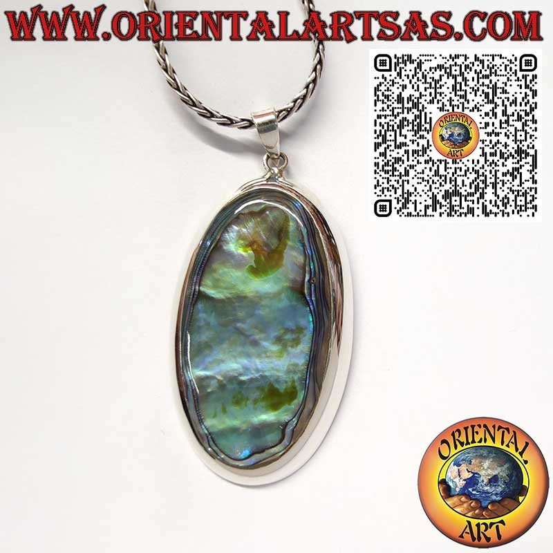 Ciondolo in Argento 925 con Paua Shell (Abalone) Ovale Grande a Bordo Liscio