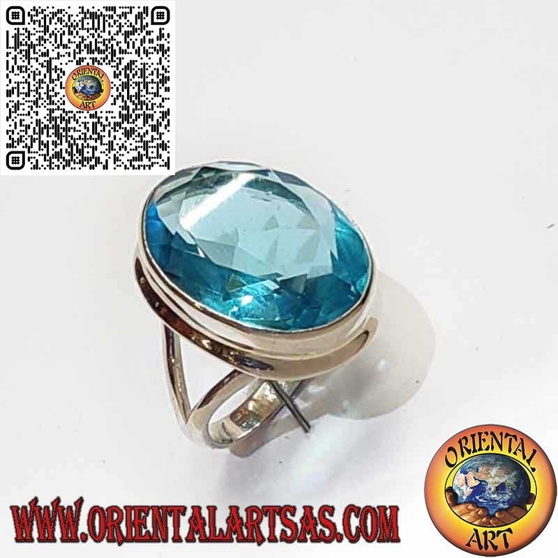 Bague en Argent 925 avec Topaze Bleue Ovale – Bord Simple et Lisse