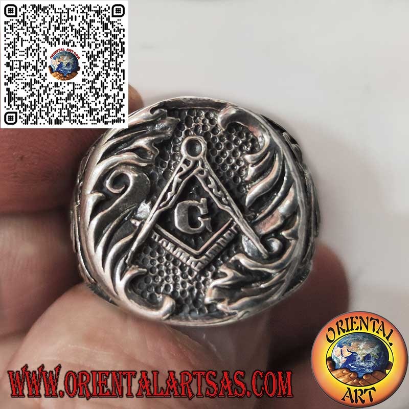 Silberring, Freimaurersiegel und Kompass mit G "of Freemasonry"