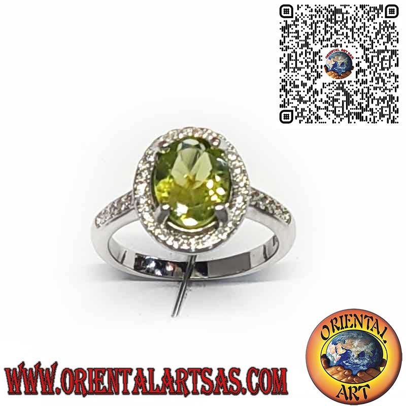 925 Sterling Silver Ring with Natural Oval Peridot Surrounded by Zircons