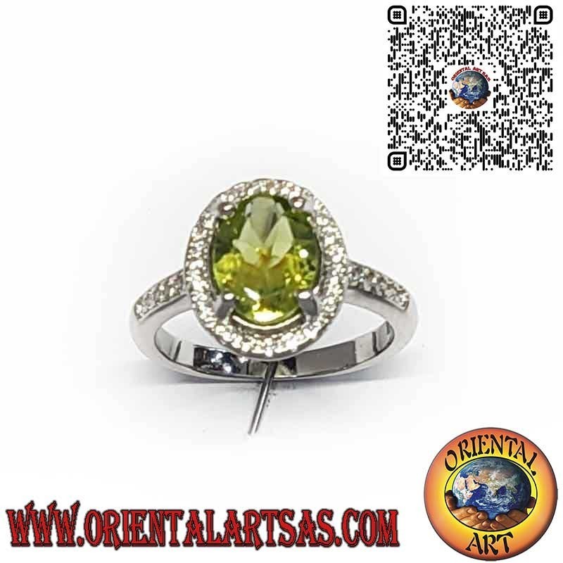 925 Sterling Silver Ring with Natural Oval Peridot Surrounded by Zircons