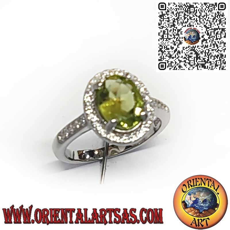 925 Sterling Silver Ring with Natural Oval Peridot Surrounded by Zircons