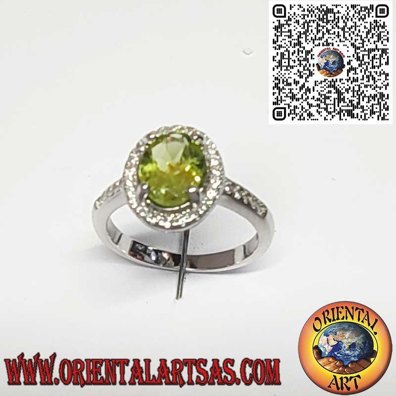 925 Sterling Silver Ring with Natural Oval Peridot Surrounded by Zircons