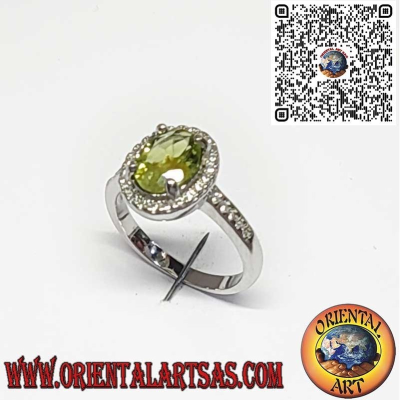 925 Sterling Silver Ring with Natural Oval Peridot Surrounded by Zircons