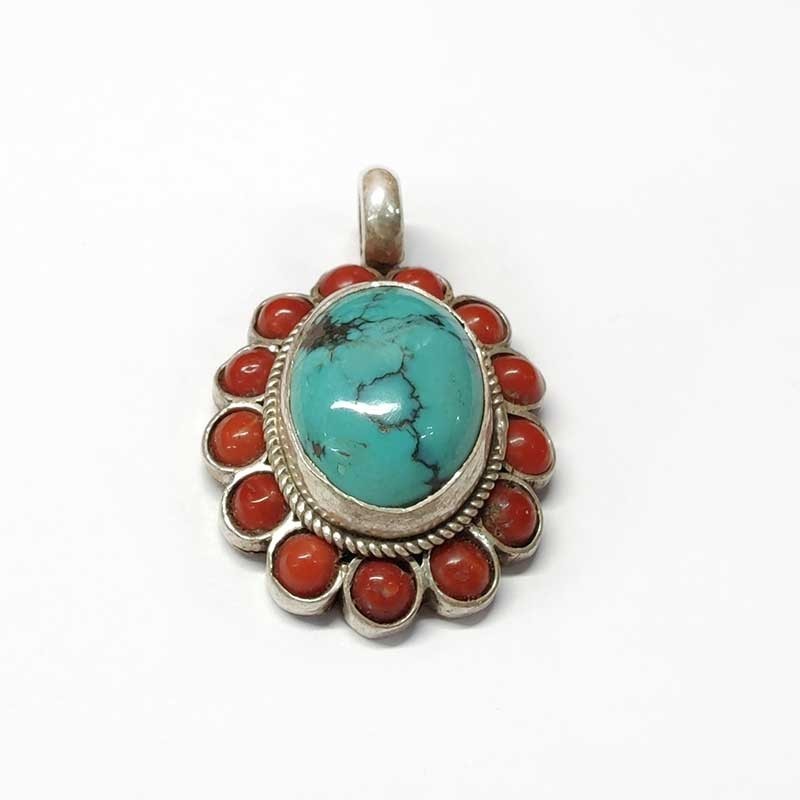 Silver pendant with oval natural Tibetan turquoise and 13 corals