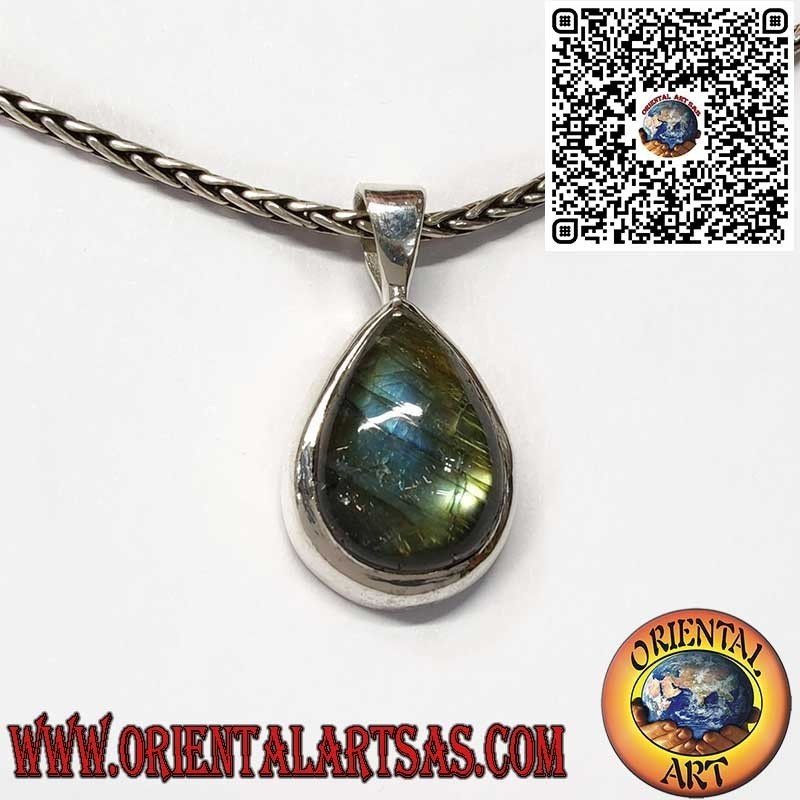 Pendentif en Argent 925 avec Labradorite Naturelle en Goutte – Bord Simple et Épais