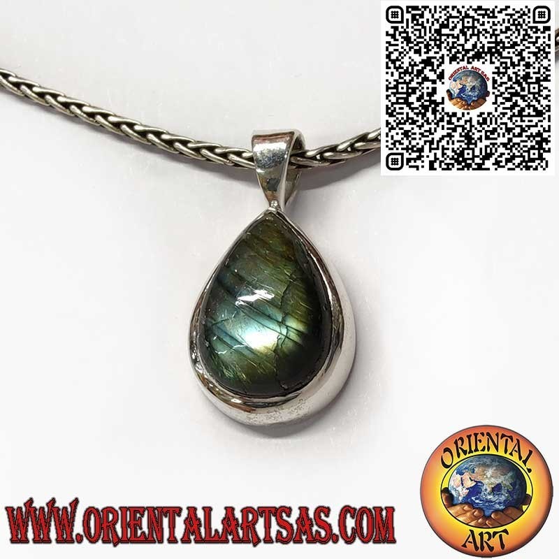Colgante de Plata 925 con Labradorita Natural en Gota – Borde Simple y Grueso