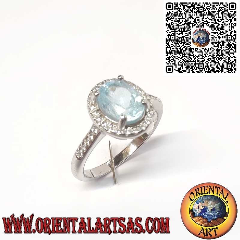 Bague en Argent 925 avec Topaze Bleue Naturelle Ovale Sertie de Zircons