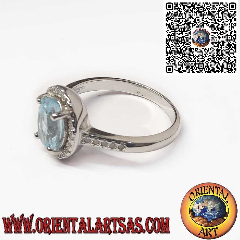 Anello in Argento 925 con topazio blu Naturale Ovale Contornato da Zirconi