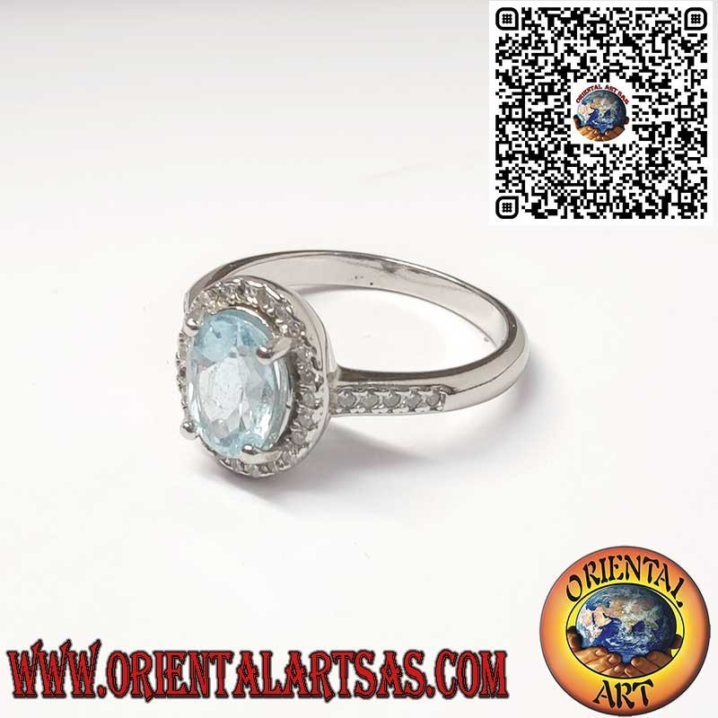 925 Sterling Silver Ring with Natural Oval Blue Topaz Surrounded by Zircons