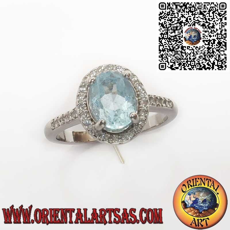 Anello in Argento 925 con topazio blu Naturale Ovale Contornato da Zirconi