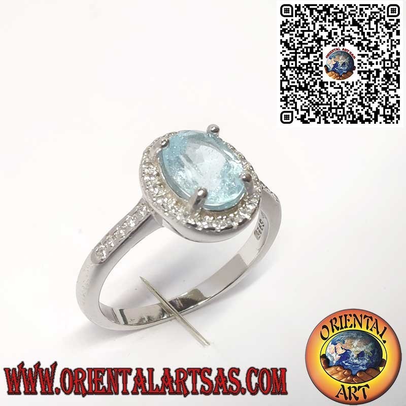 Bague en Argent 925 avec Topaze Bleue Naturelle Ovale Sertie de Zircons