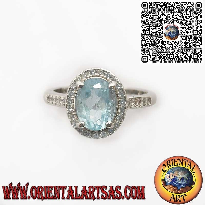 Anello in Argento 925 con topazio blu Naturale Ovale Contornato da Zirconi