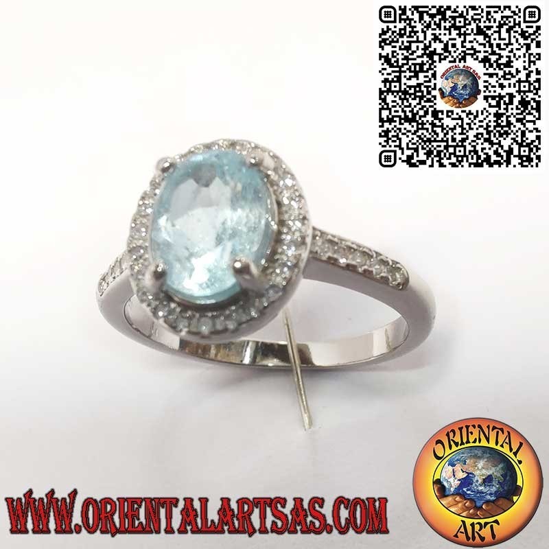 Bague en Argent 925 avec Topaze Bleue Naturelle Ovale Sertie de Zircons