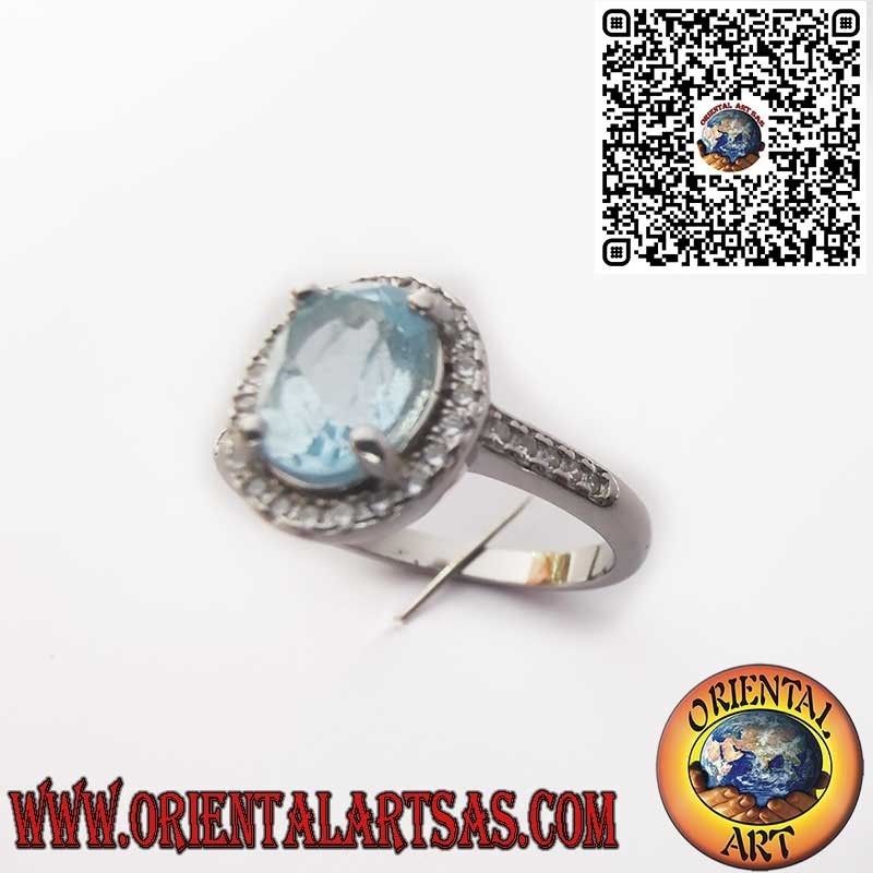 Anello in Argento 925 con topazio blu Naturale Ovale Contornato da Zirconi
