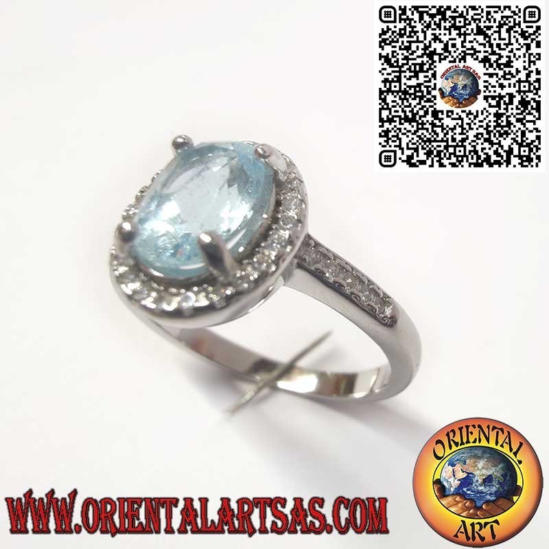 Anello in Argento 925 con topazio blu Naturale Ovale Contornato da Zirconi