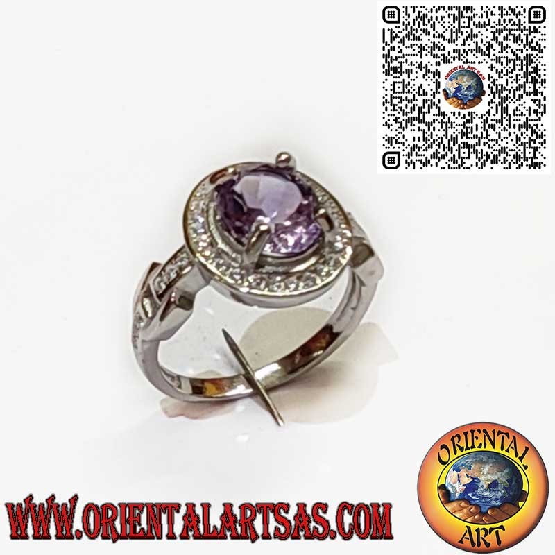 Anillo de Plata 925 con Amatista Natural Ovalada y Brillantes Circonitas Blancas