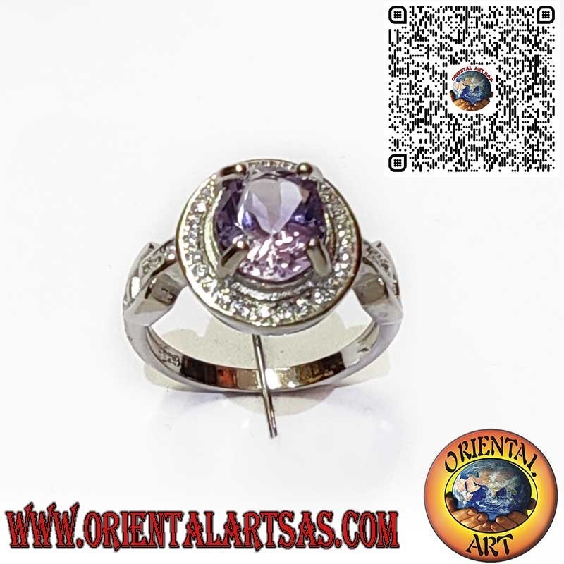 Anillo de Plata 925 con Amatista Natural Ovalada y Brillantes Circonitas Blancas