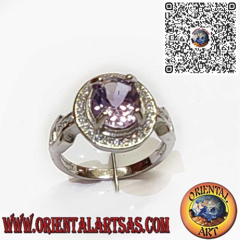 Anillo de Plata 925 con Amatista Natural Ovalada y Brillantes Circonitas Blancas