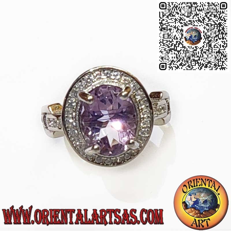 Anillo de Plata 925 con Amatista Natural Ovalada y Brillantes Circonitas Blancas
