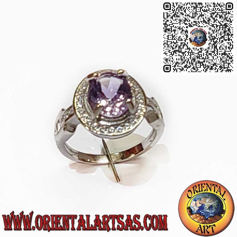 Elegant Sterling Silver Ring with Purple Amethyst Gemstone and Zircon Halo