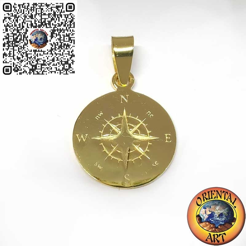 Gold-Plated Sterling Silver Compass Rose Pendant – Round Engraved Design