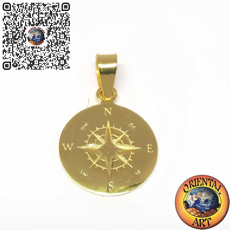 Gold-Plated Sterling Silver Compass Rose Pendant – Round Engraved Design