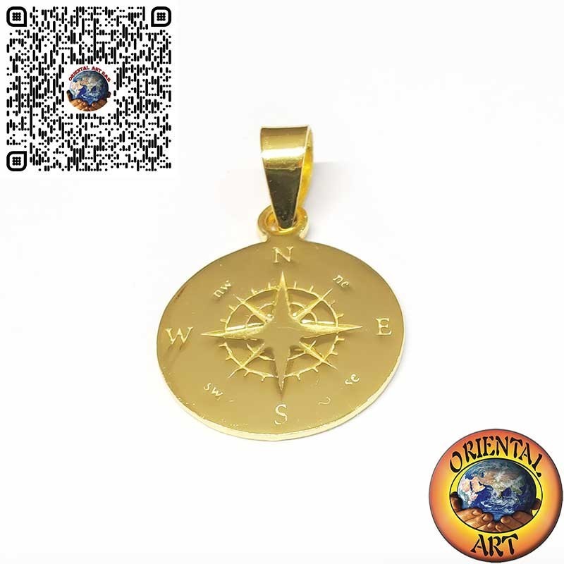 Pendentif Rond en Argent 925 Plaqué Or avec Rose des Vents Gravée