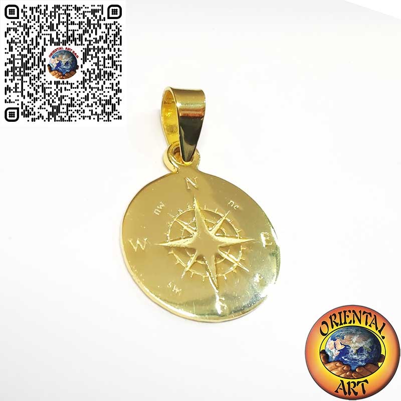 Runder Anhänger aus 925er Silber, vergoldet – Mit eingravierter Windrose (Kompass)