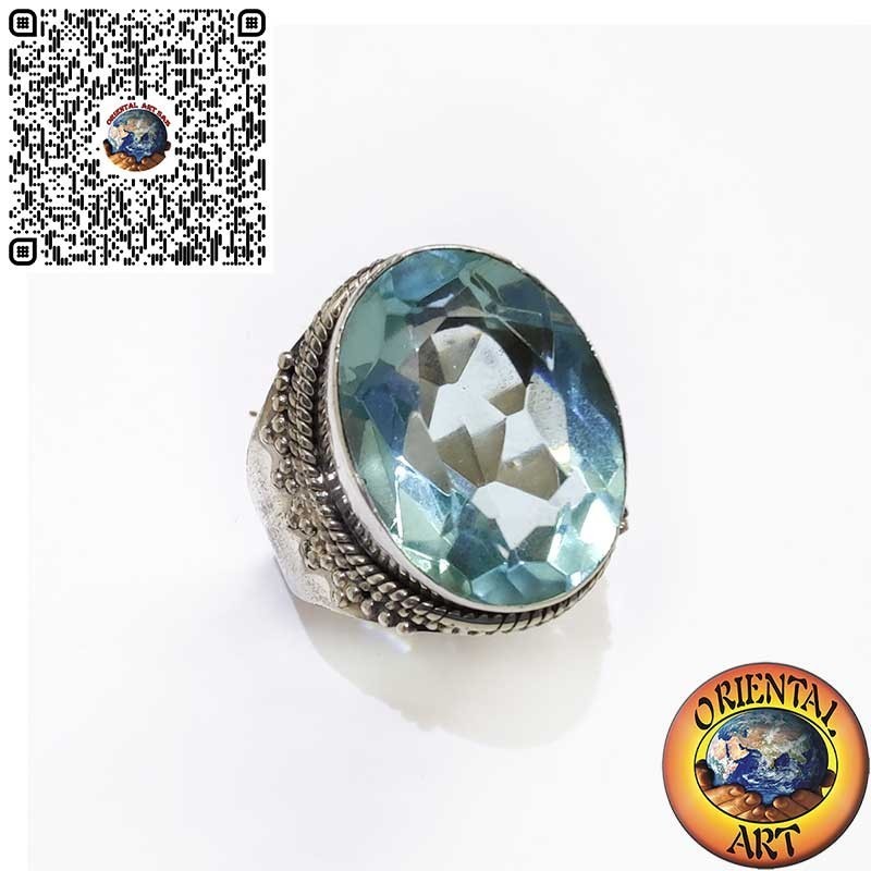 Bague Large en Argent 925 avec Topaze Bleue Ovale et Bordure à Perles
