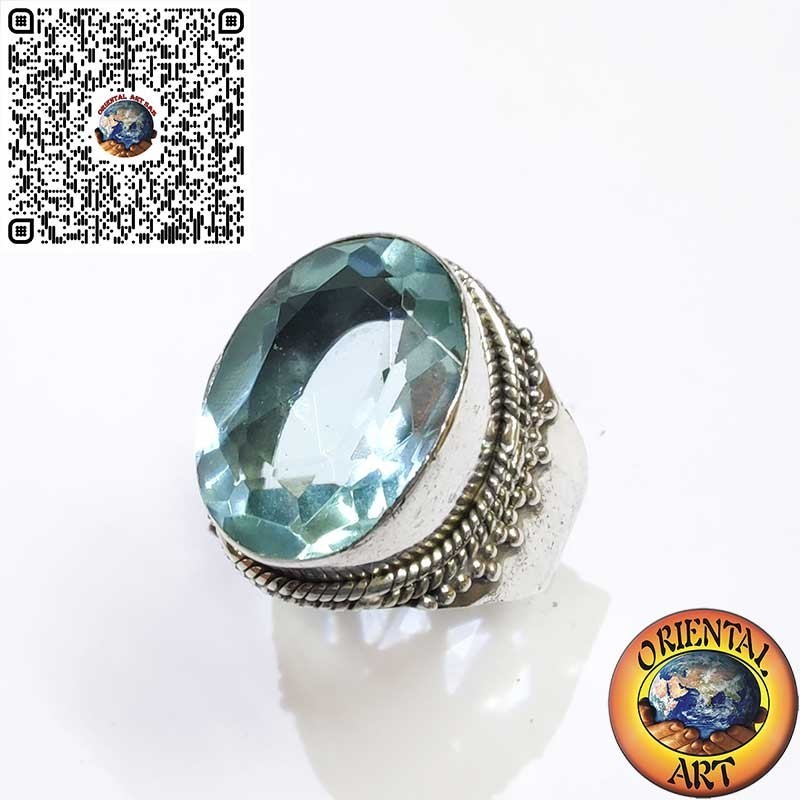 Bague Large en Argent 925 avec Topaze Bleue Ovale et Bordure à Perles