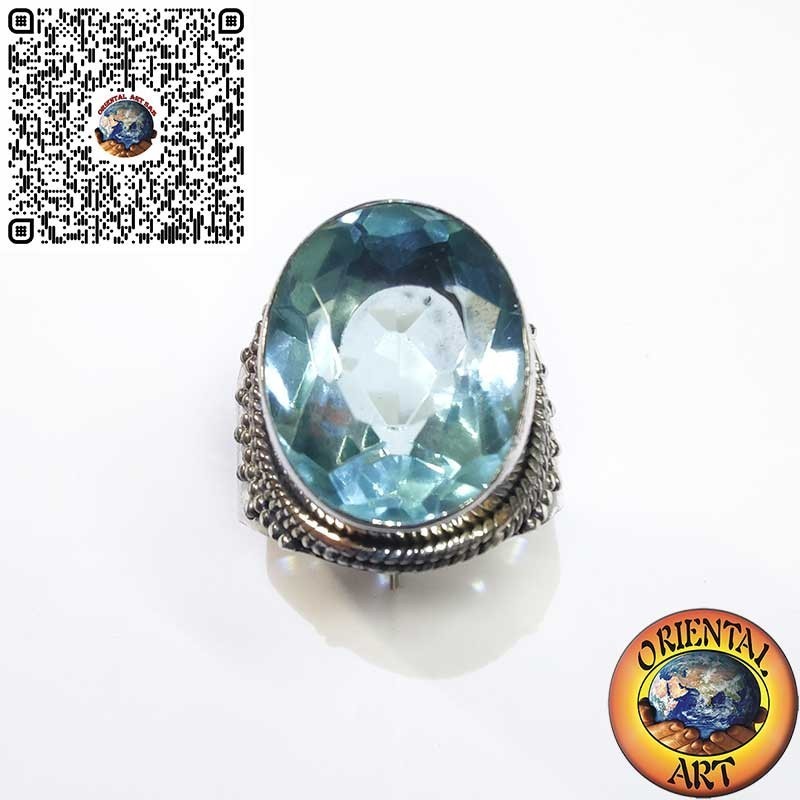 Anillo de Plata 925 Ancho con Topacio Azul Ovalado y Borde de Esferas